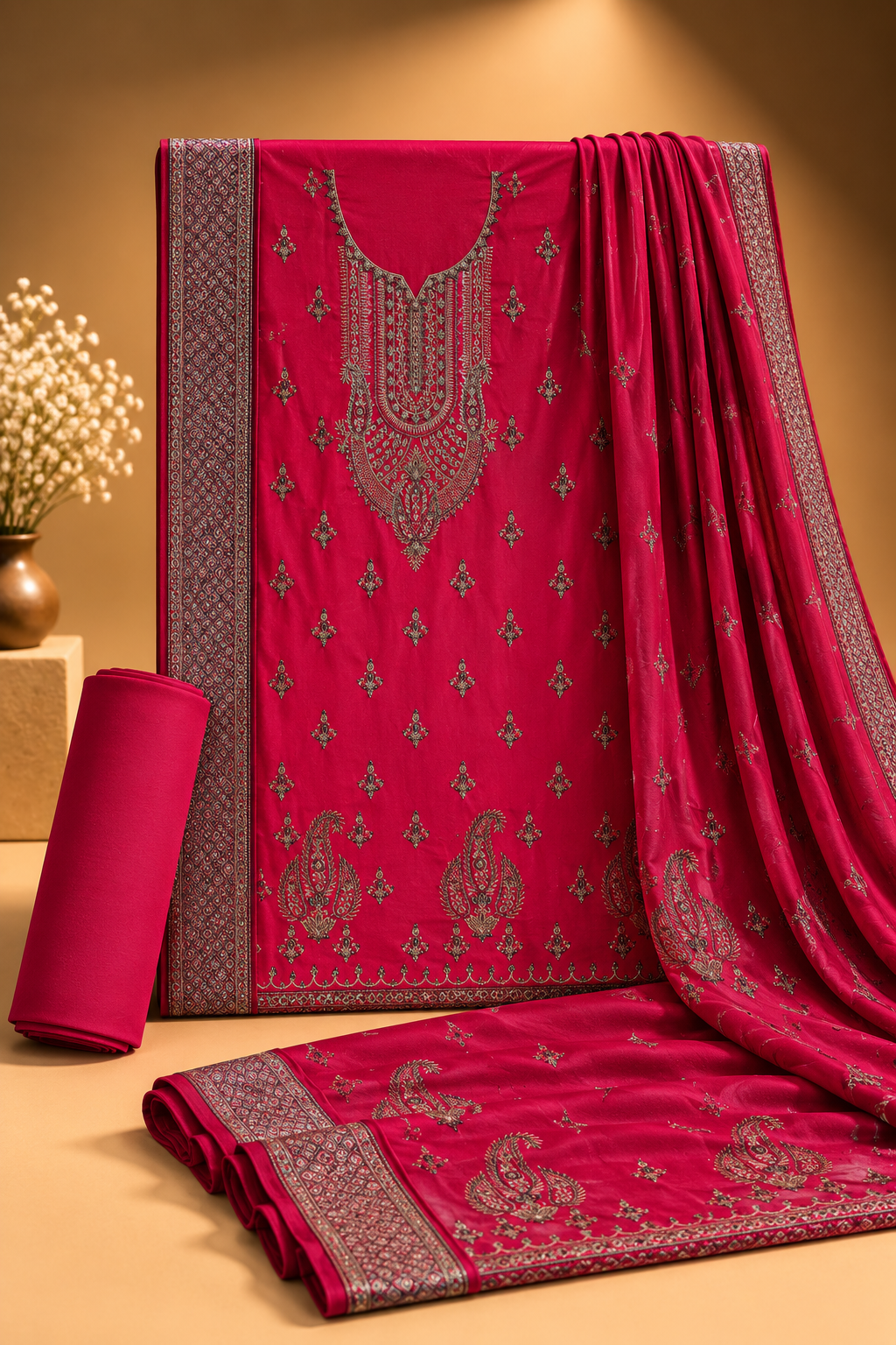 Crimson Embroidered 3-Piece Suit