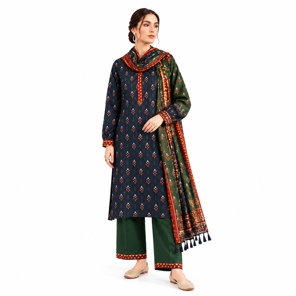 Navy & Green Printed 3-Piece Suit
