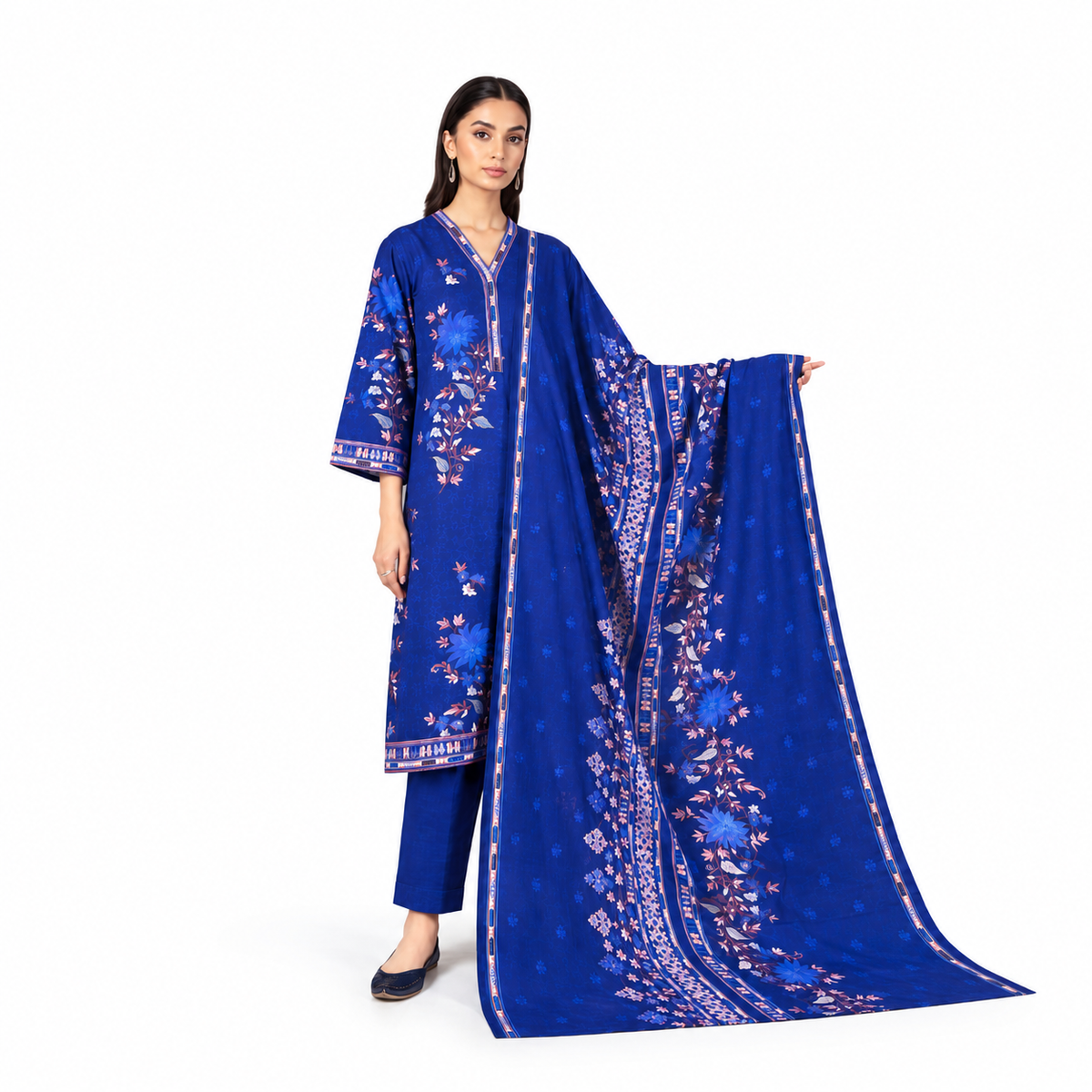 Royal Blue Floral Printed 3-Piece Suit