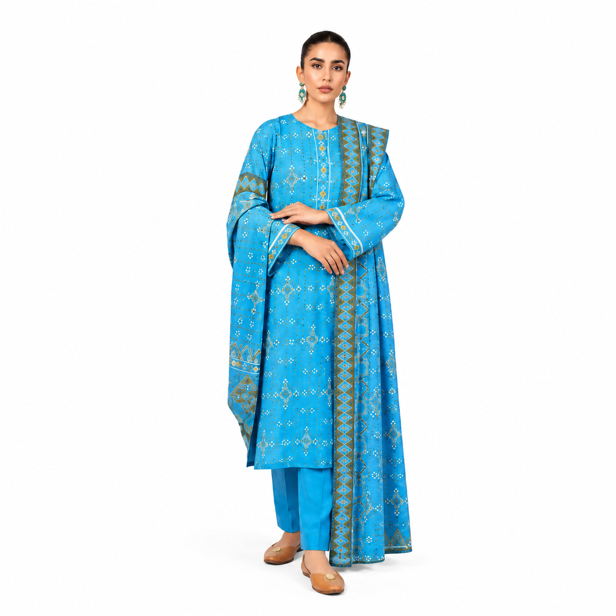 Turquoise Blue Printed 3-Piece Suit
