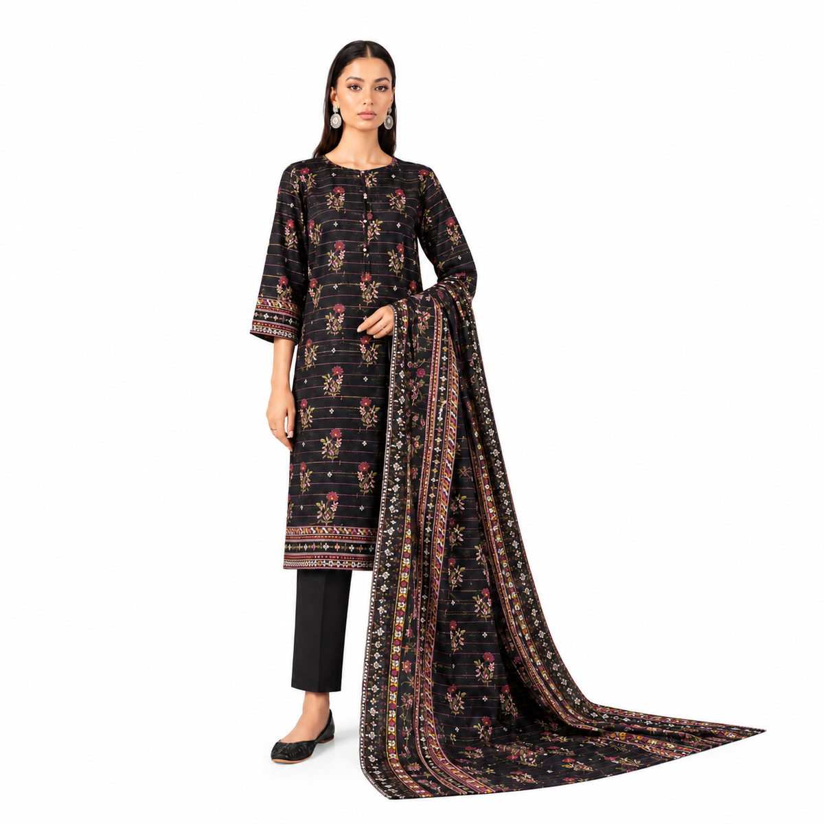 Black Floral Printed 3-Piece Suit