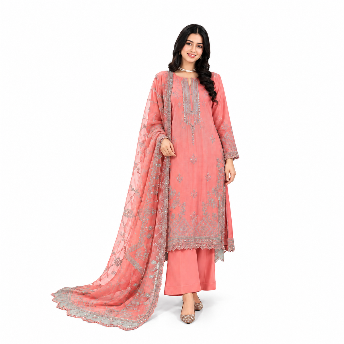 Coral Pink Embroidered 3-Piece Suit
