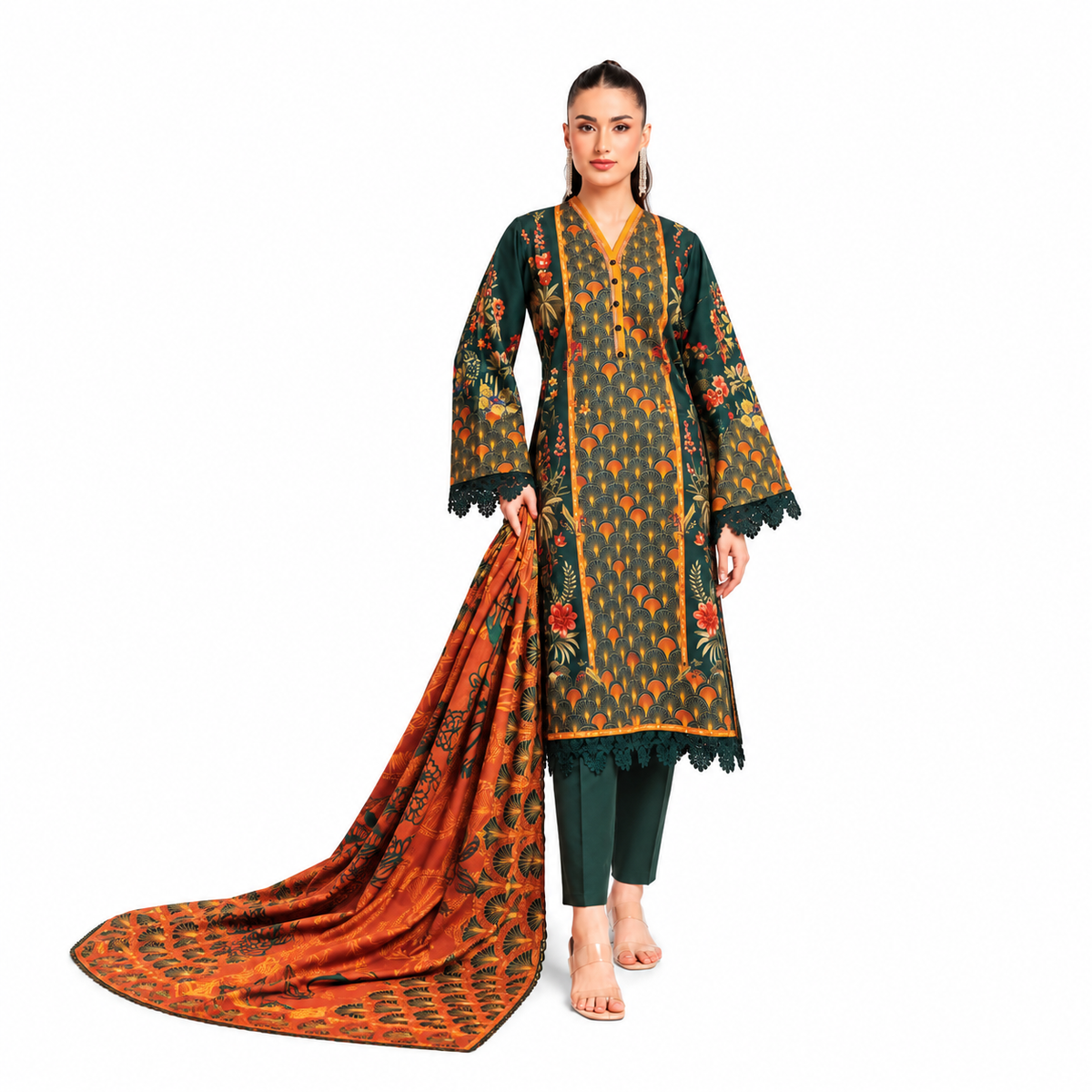 Forest Green & Burnt Orange Printed 3-Piece Suit