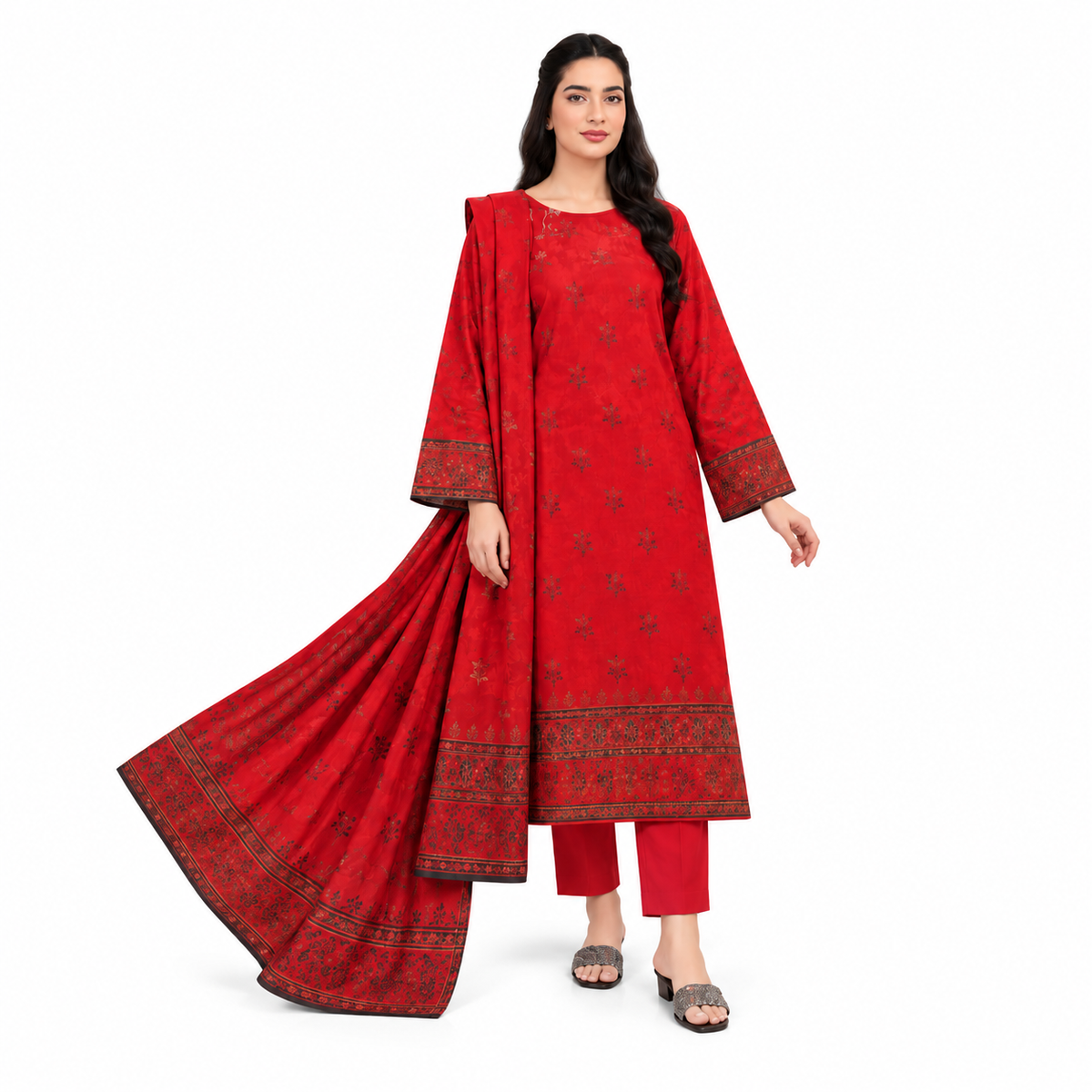 Red Printed 3-Piece Suit