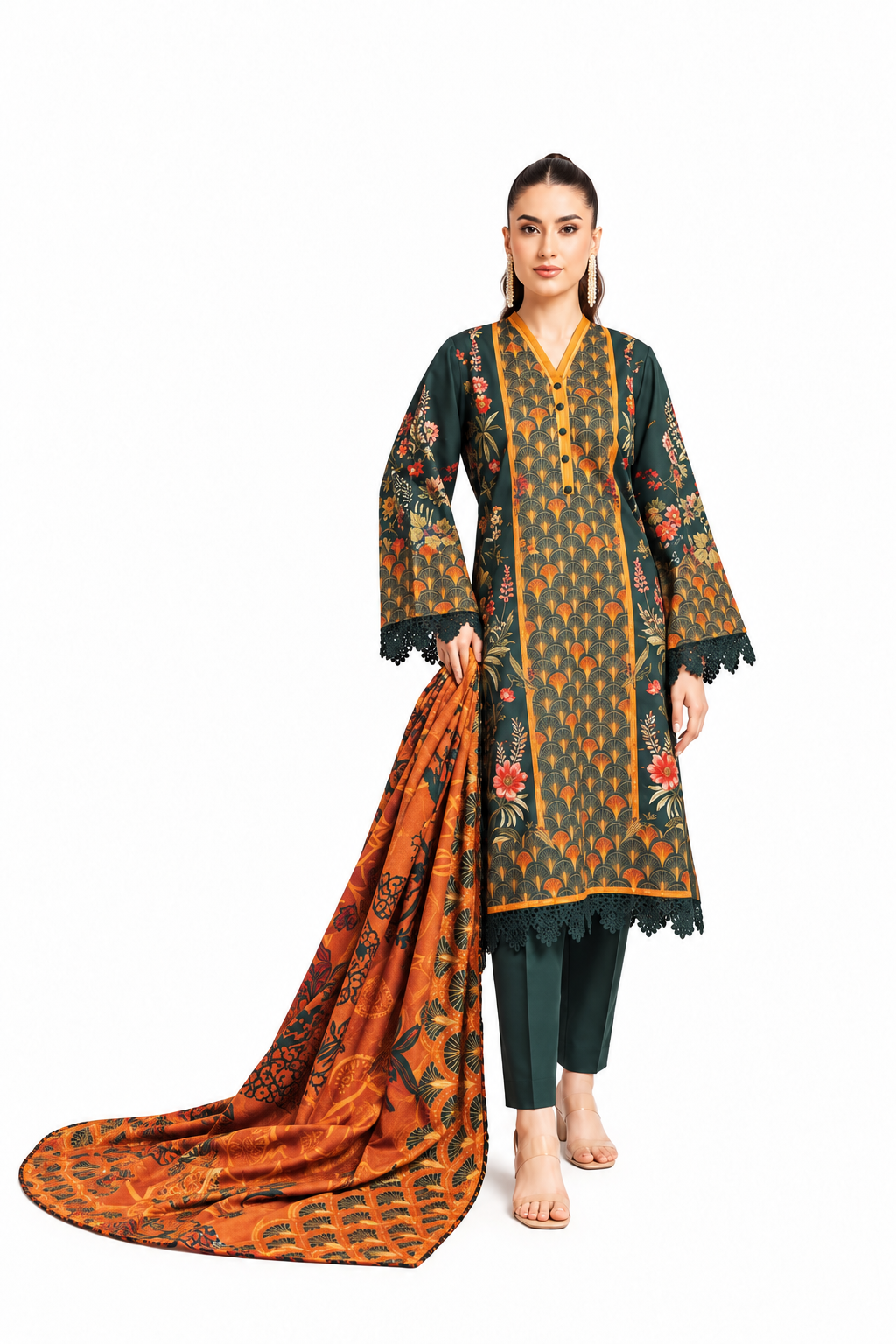 Dark Teal & Rust Printed 3-Piece Suit