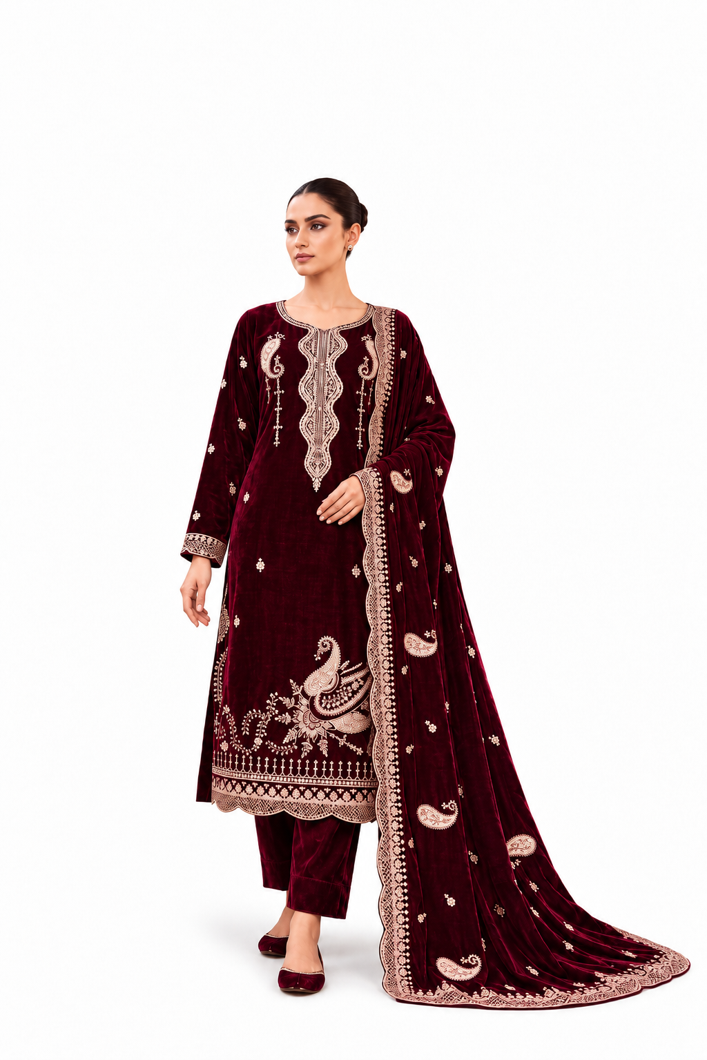 Burgundy Embroidered Velvet 3-Piece Suit