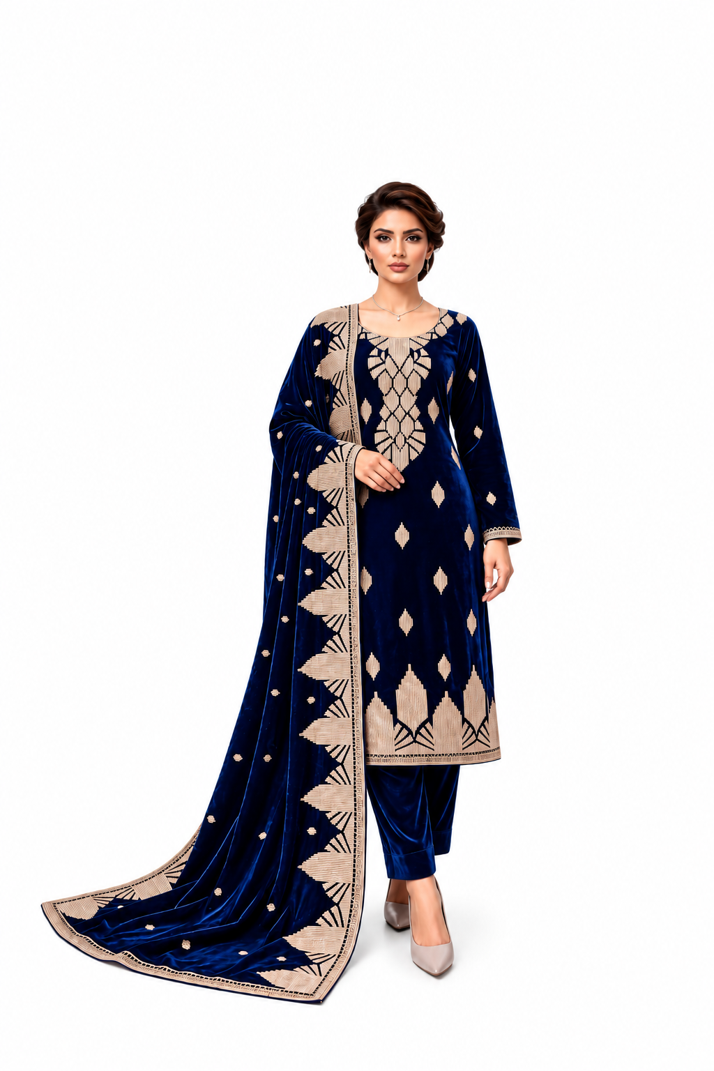 Royal Blue Embroidered Velvet 3-Piece Suit