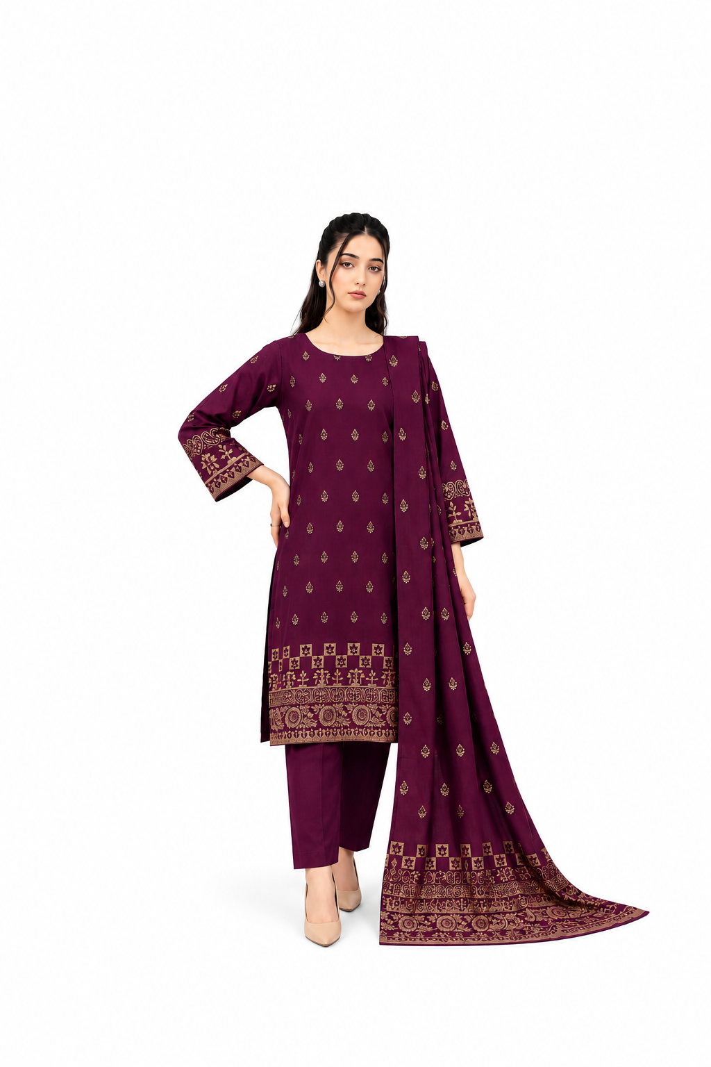 Plum Purple Printed 3-Piece Suit