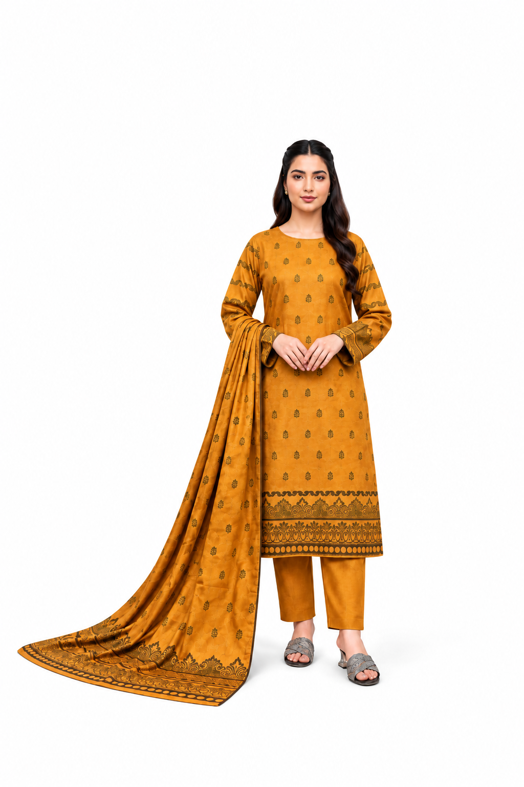 Mustard Yellow Printed 3-Piece Suit