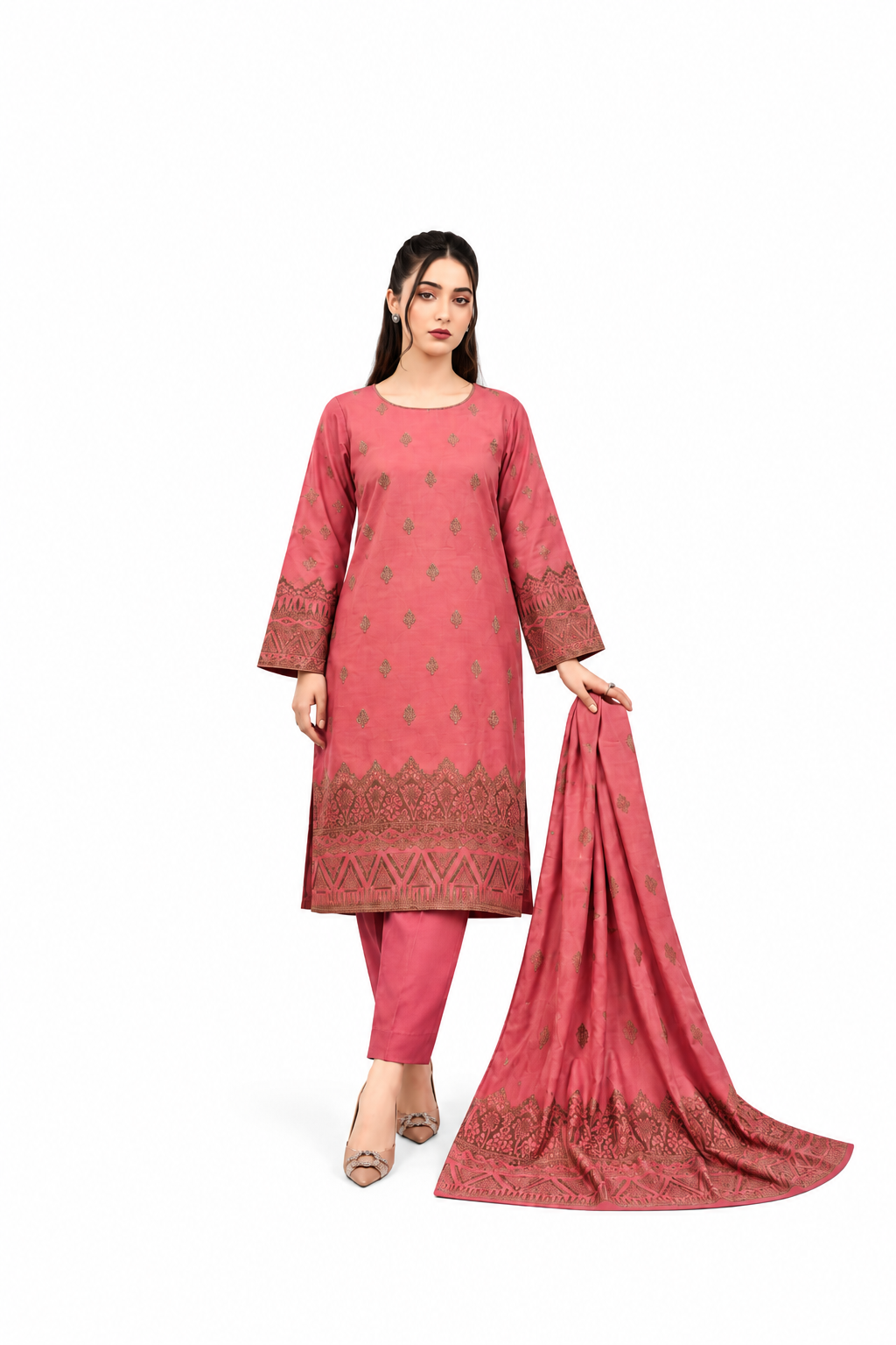 Coral Pink Printed 3-Piece Suit