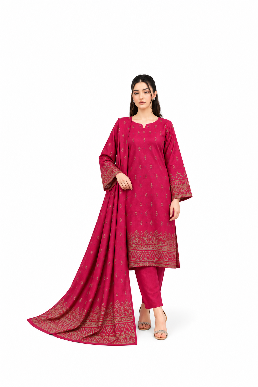 Raspberry Pink Printed 3-Piece Suit