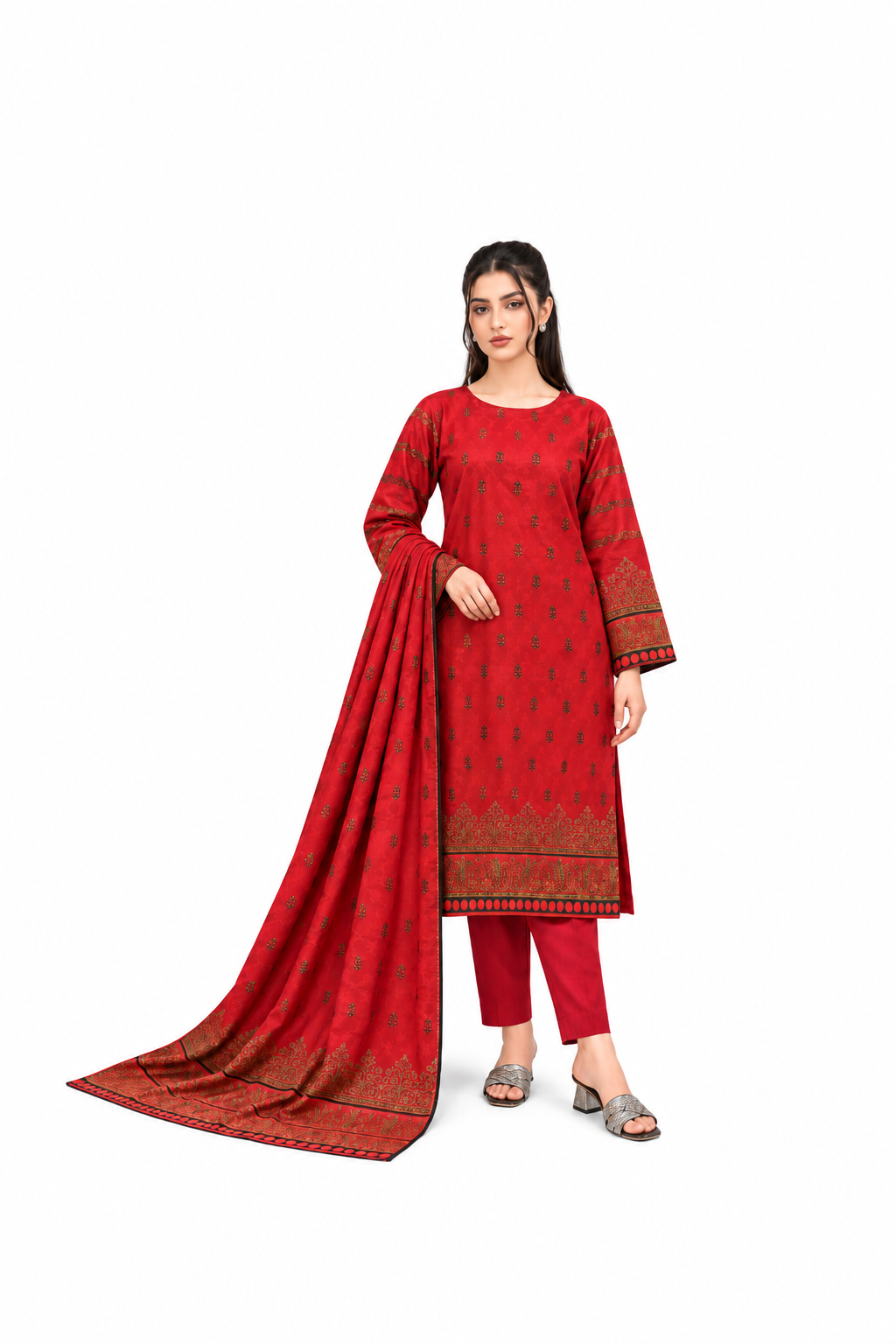 Crimson Red Printed 3-Piece Suit
