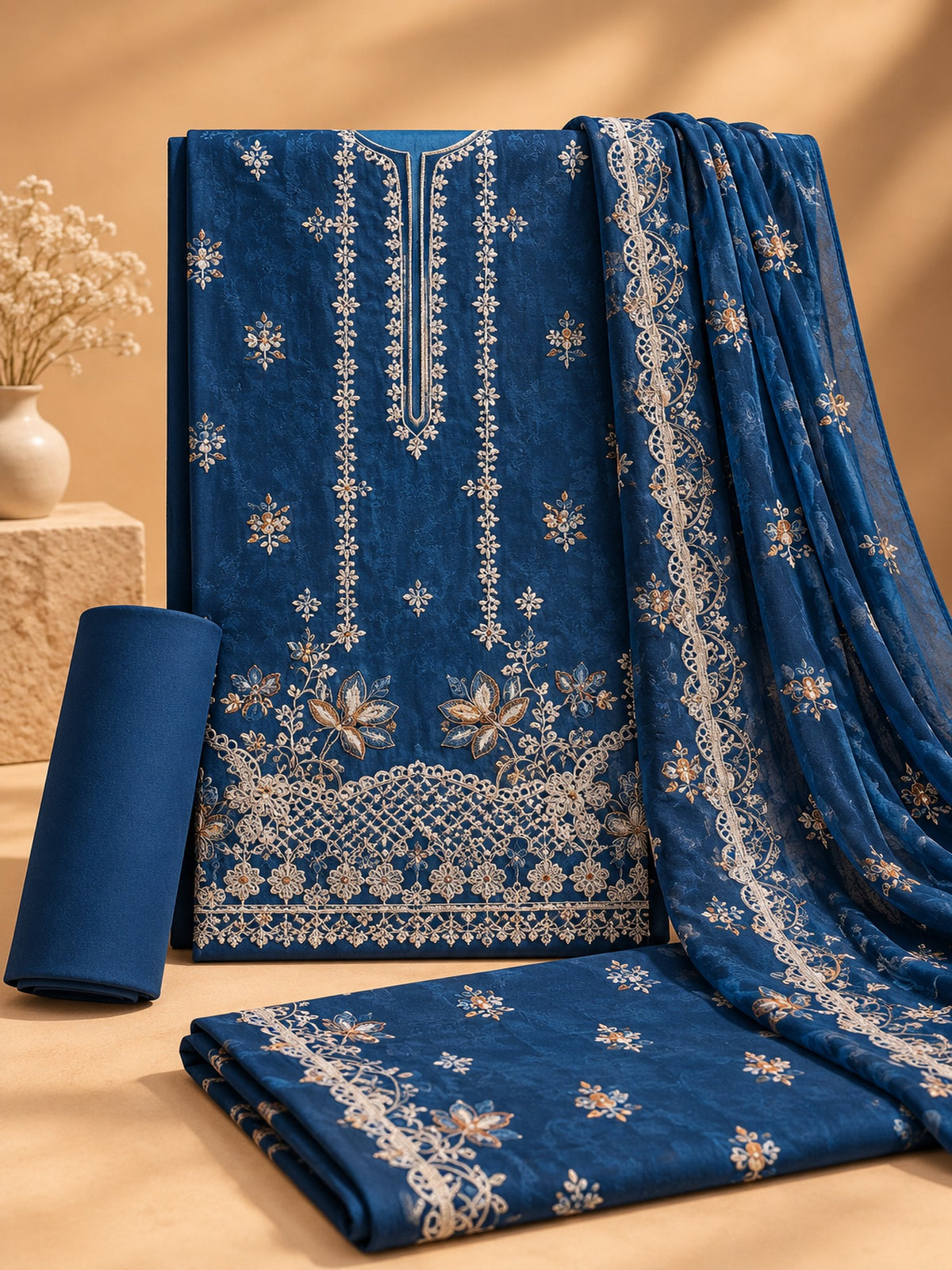 Royal Blue Embroidered 3-Piece Suit