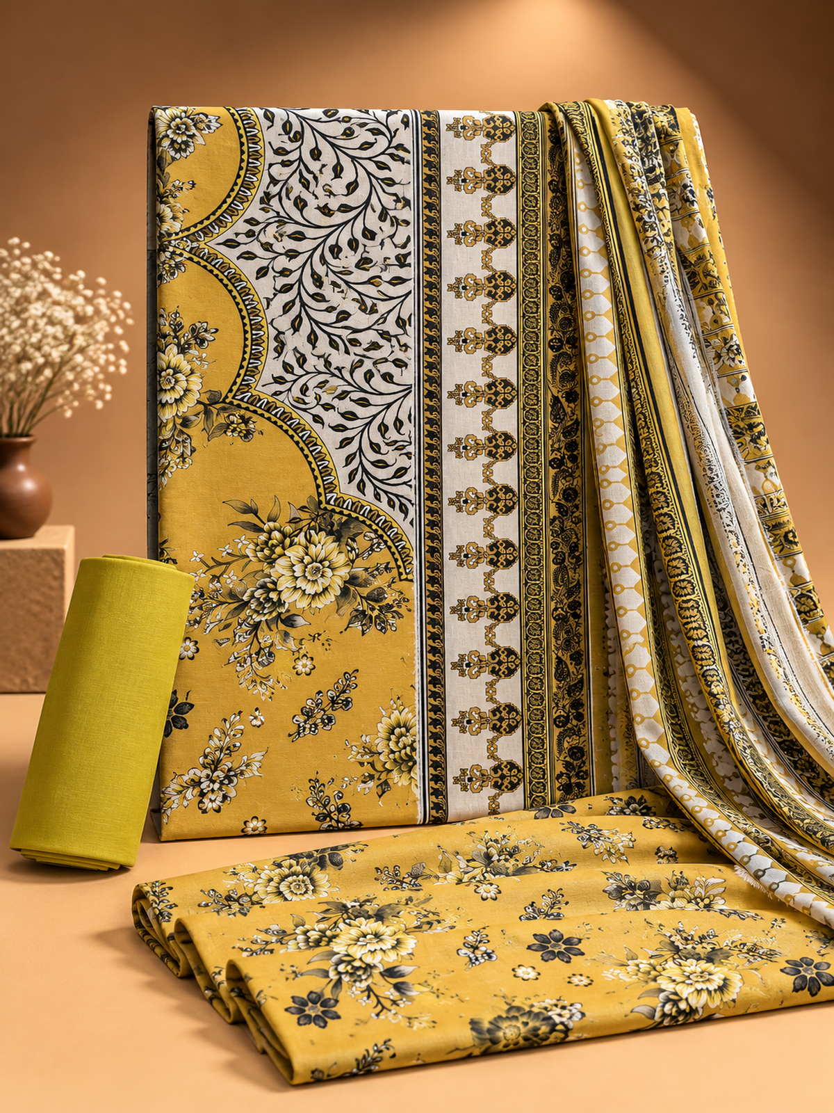 Mustard Floral Printed 3-Piece Suit