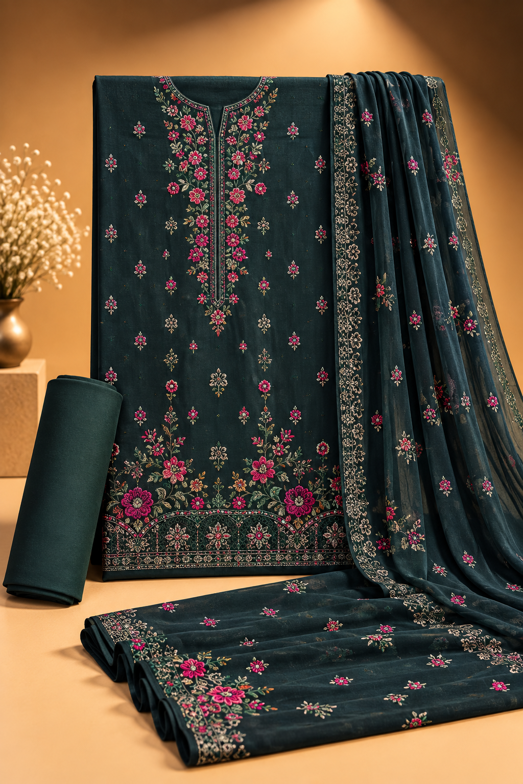 Deep Teal Floral Embroidered 3-Piece Suit