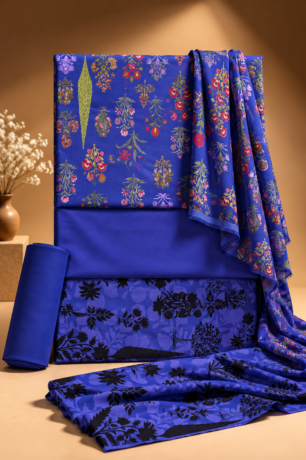 Royal Blue Floral Printed 3-Piece Suit