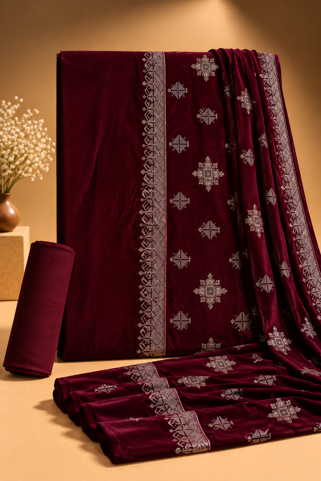 Maroon Embroidered 3-Piece Suit