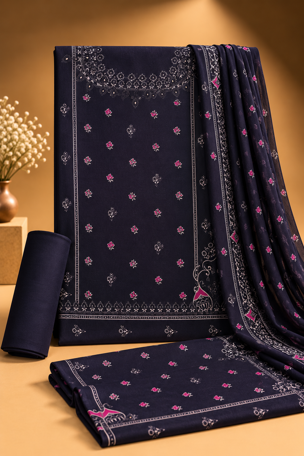 Navy Floral Printed 3-Piece Suit
